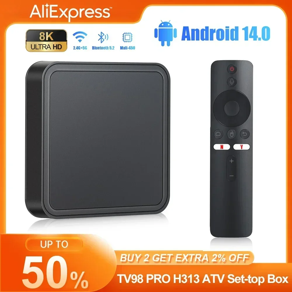 TV98 PRO ATV Smart TV Box Android 14 Allwinner H313 Четырехъядерный процессор 2,4G/5G Dual Wifi BT 5.2 8K HD Медиаплеер 2 + 16G Set Top Box