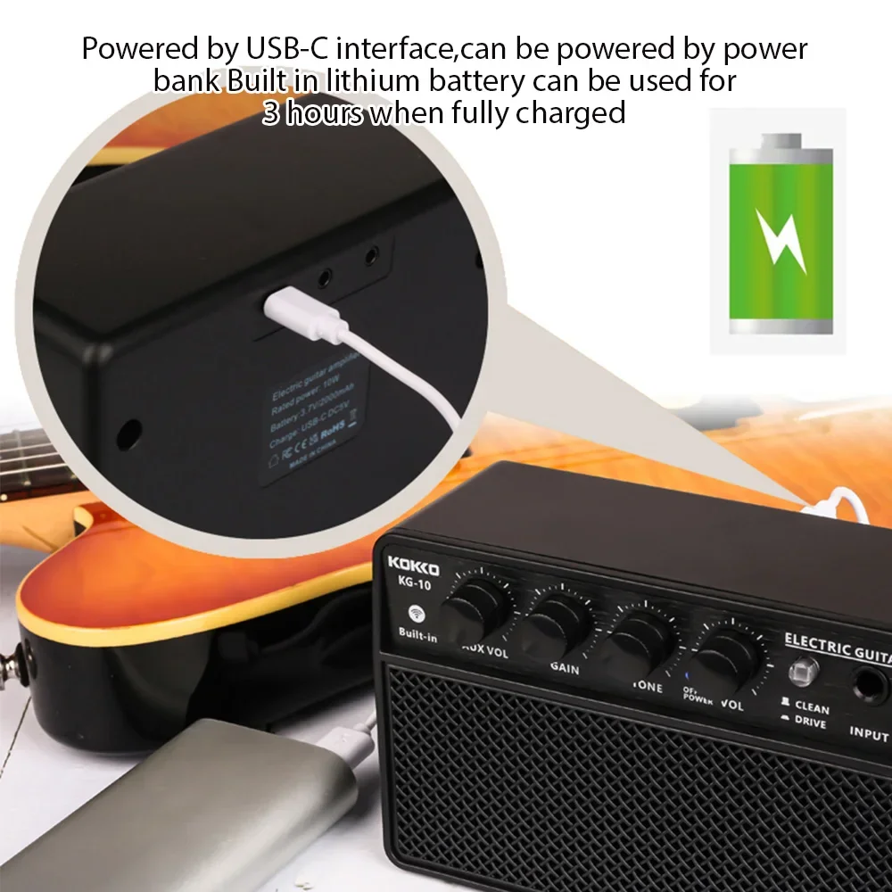 Фото KG-10 Мини-усилитель для электрогитары Портативный Bluetooth-динамик для ежедневной практики Уличное представление Аккумуляторная батарея №4