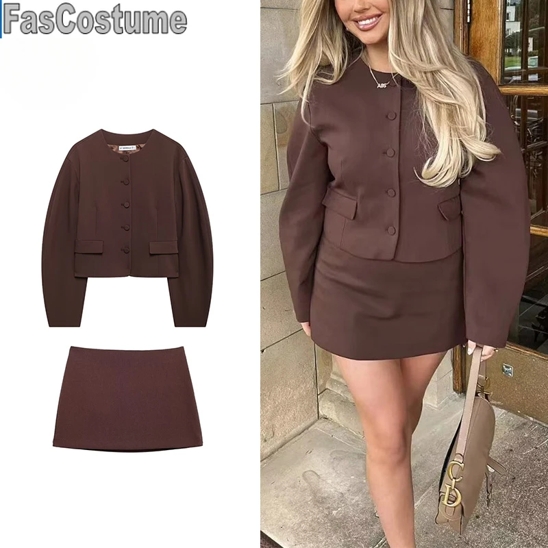 FasCostume Koekop, женская мода2, однотонный однобортный топ с круглым вырезом и винтажный женский повседневный комплект мини-юбки и брюк