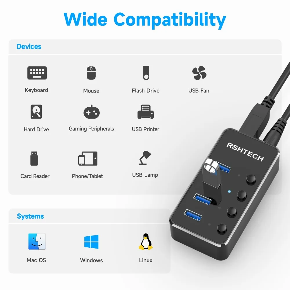 Фото Разветвитель RSHTECH usb-хаб 3,0 с адаптером питания 5 В 2 А и индивидуальными переключателями ВКЛ/ВЫКЛ №5
