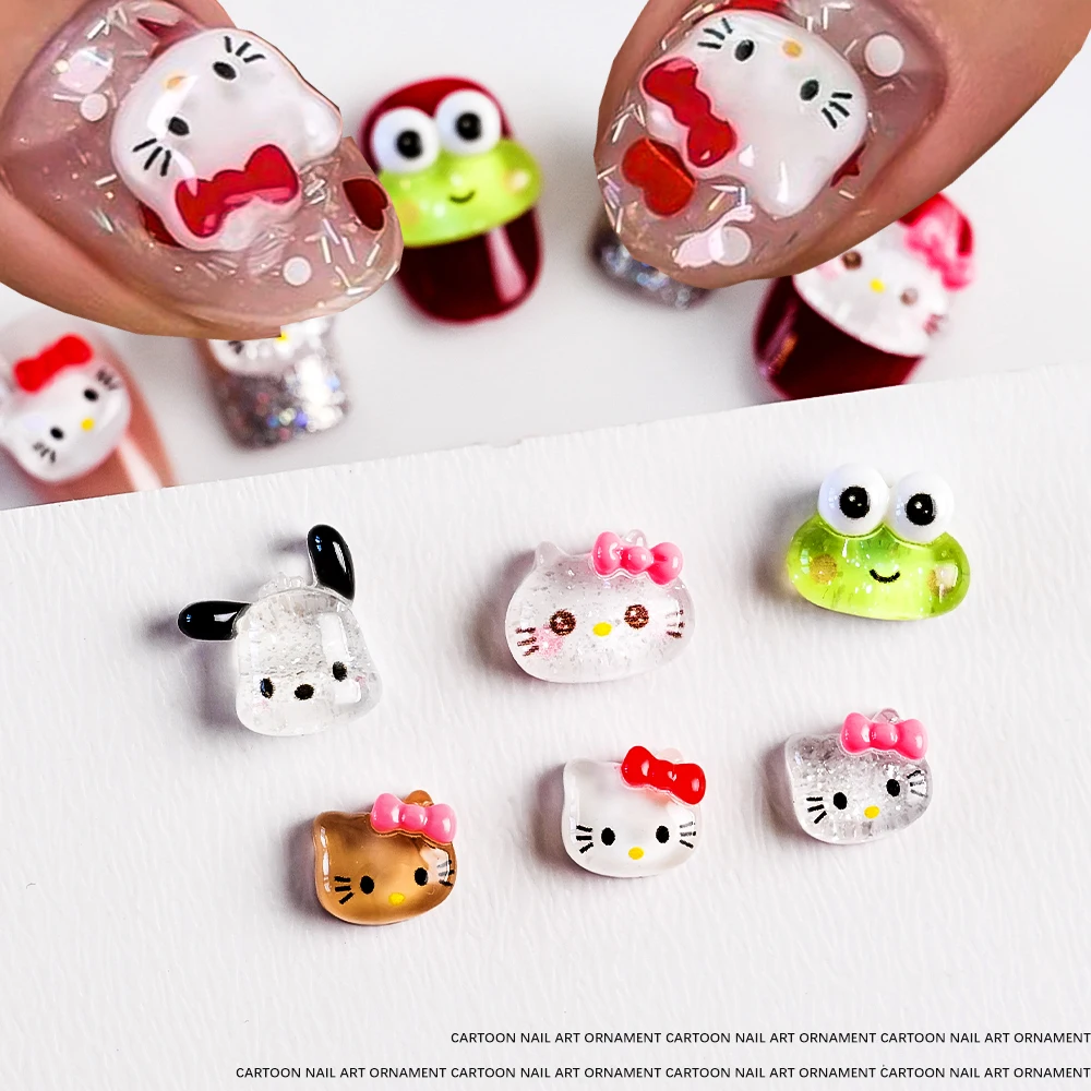 10 шт., милые подвески для ногтей из смолы «Hello Kitty», мультяшные Куроми, мелодия, голова кошки, лягушка, стразы для ногтей, сделай сам, поделки, украшение для маникюра