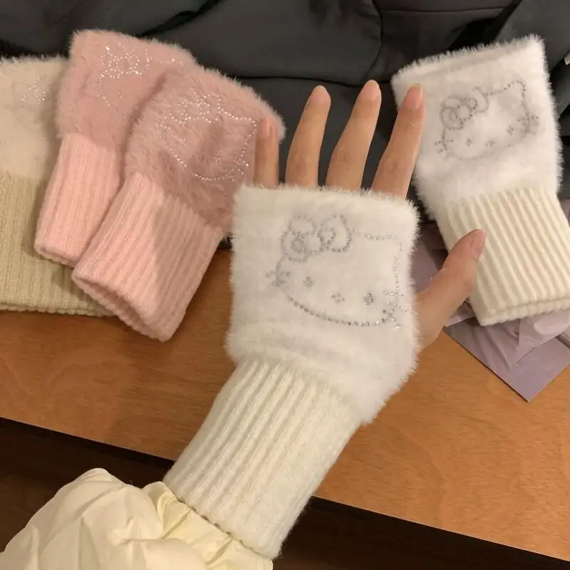 Фото Sanrio Hello Kitty Женские Зимние Теплые Вязаные Перчатки Без Пальцев, Мягкие Плюшевые Перчатки С Героями Мультфильмов №4