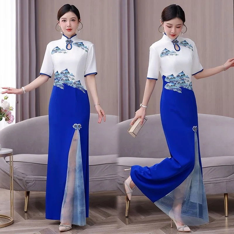 Традиционное вьетнамское платье Cheongsam с короткими рукавами, женское винтажное вечернее платье с вышивкой для выступлений на сцене, танцевальное платье Этническая одежда