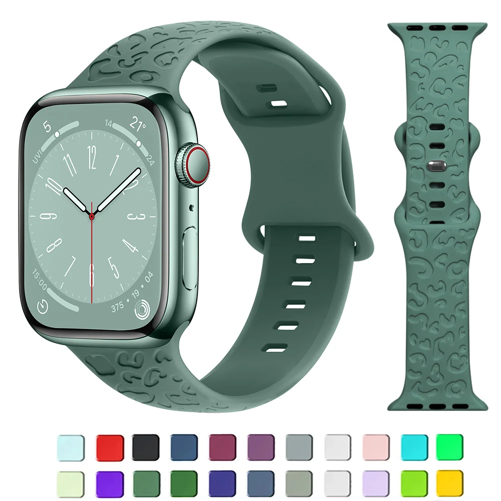 Ремешок силиконовый с гравировкой для Apple Watch Band ultra 2, силиконовый Леопардовый Браслет для серии 9, 8, 7, se, 3, 6, 5, 4, 49 мм, 45 мм, 44 мм, 42 мм, 41 мм, 40 мм