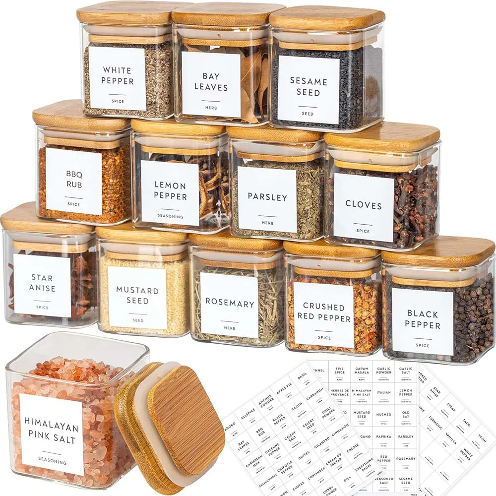 5oz Стеклянные Банки Набор с этикетками для специй, квадратные банки для специй с ярлыками/наклейками, контейнеры для хранения пищевых продуктов