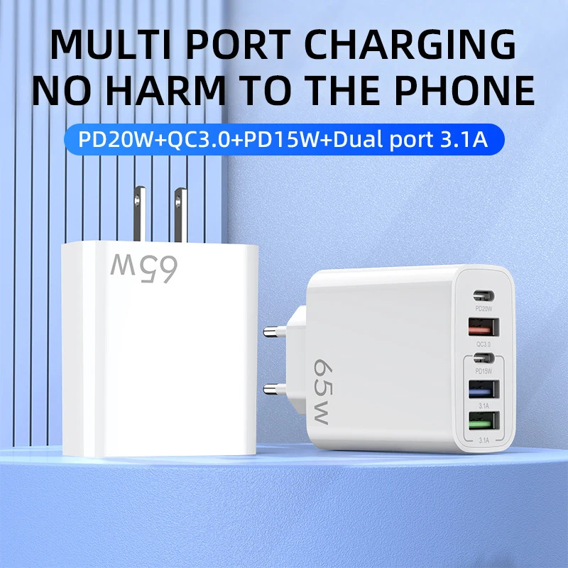 Фото Быстрое зарядное устройство USB мощностью 65 Вт, 5 портов PD Type C, адаптер для быстрой зарядки телефона для iPhone 15 Pro, настенное зарядное устройство для Xiaomi Huawei USB C №2