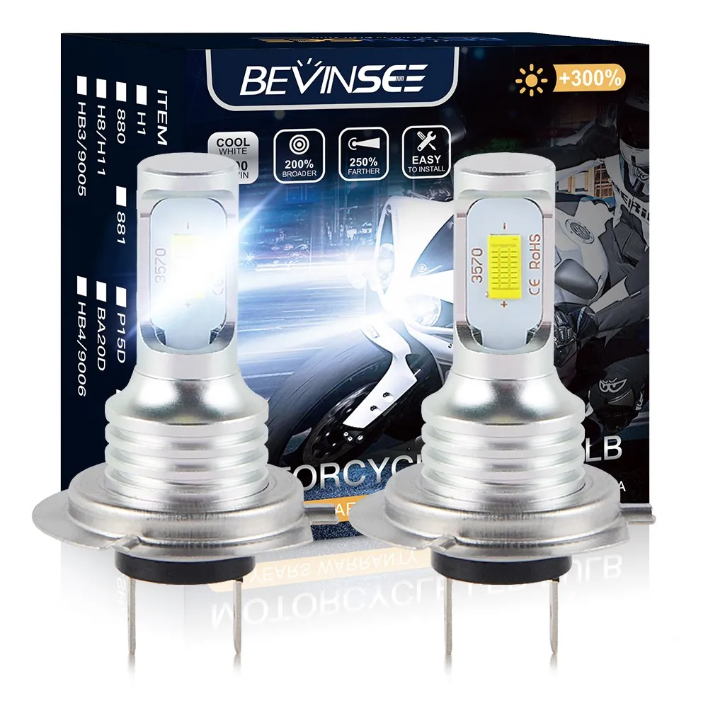 BEVINSEE H7 светодиодные лампы для мотоциклетных фар безвентиляторные беспроводные Plug & Play галогенный размер дизайн дневные ходовые автомобильные лампы 6000K 12V