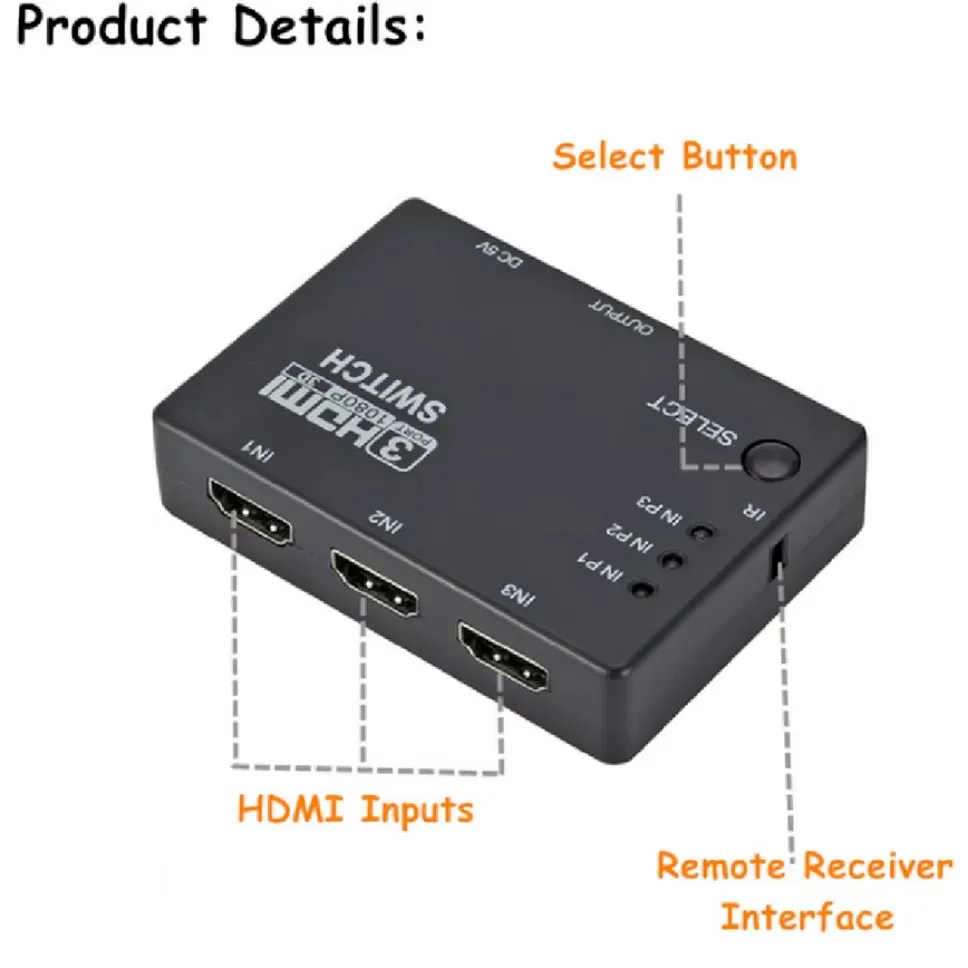 Фото 3x1 HDMI Switcher KVM Switches 1080P HDMI Switch Adapter 3 Input 1 Output HDMI Switches Hub for Xbox PS4 DVD HDTV PC Laptop TV №4