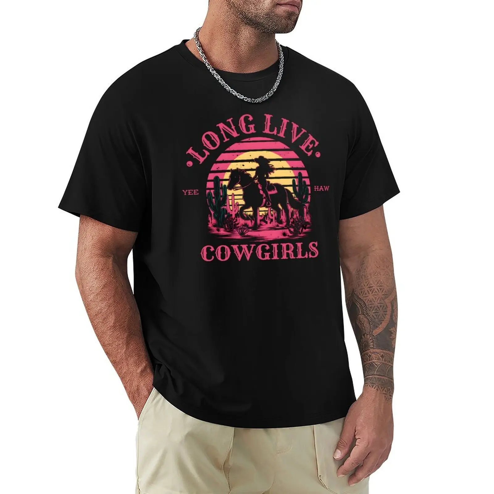 Long Live Cowgirls Yee Haw, розовая футболка в стиле ретро с закатом, топы больших размеров, забавная рубашка, хлопковая забавная подарки, мужская одежда