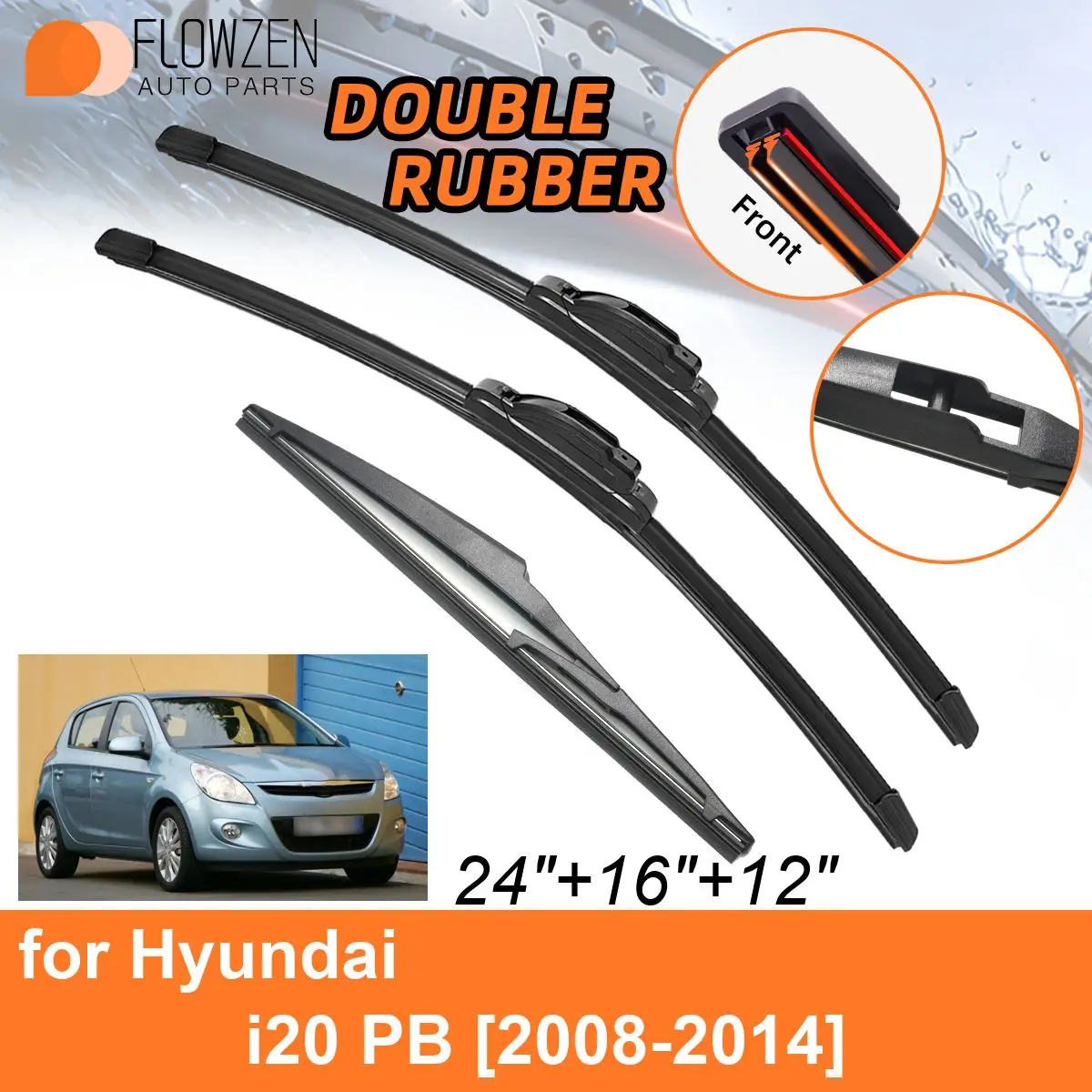 Двойные резиновые автомобильные дворники для Hyundai i20 PB 2008-2014, передние и задние щетки, аксессуары 2008, 2009, 2010, 2011, 2012, 2013, 2014