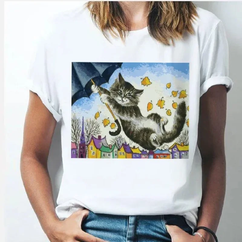 Фото Картина маслом Кот, Женская мода, Индивидуальность, Пародия Классическая футболка с картиной маслом, Топ женской одежды, Эстетика Харадзюку №2
