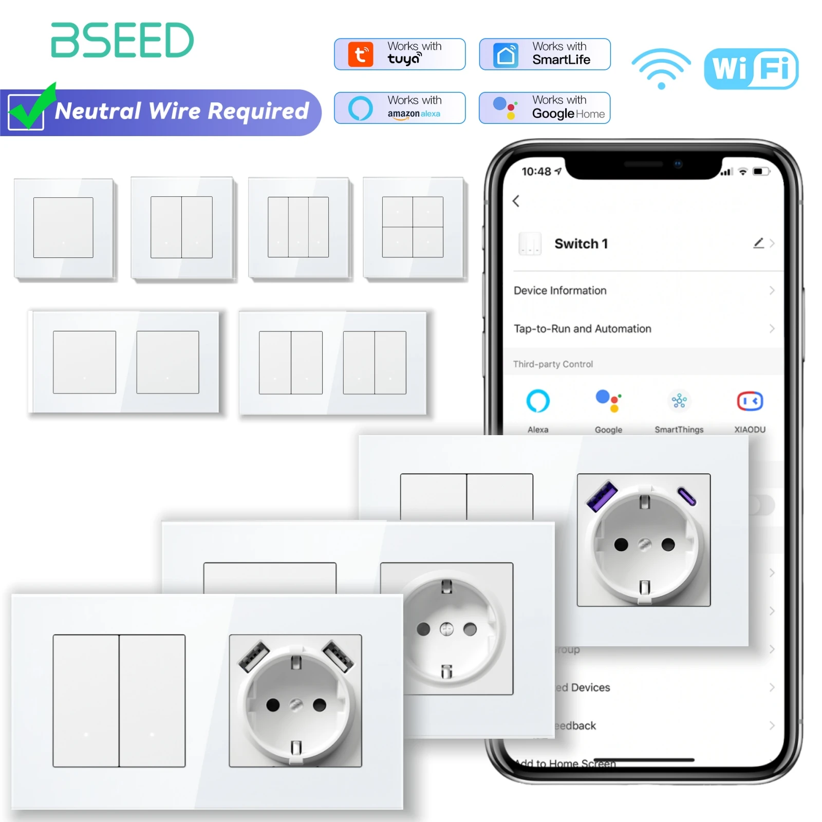 Настенные умные переключатели BSEED Wi-Fi, механические кнопки 1/2/3/4Gang, приложение Tuya Smart Life с розетками европейского стандарта, USB-стеклянные рамки
