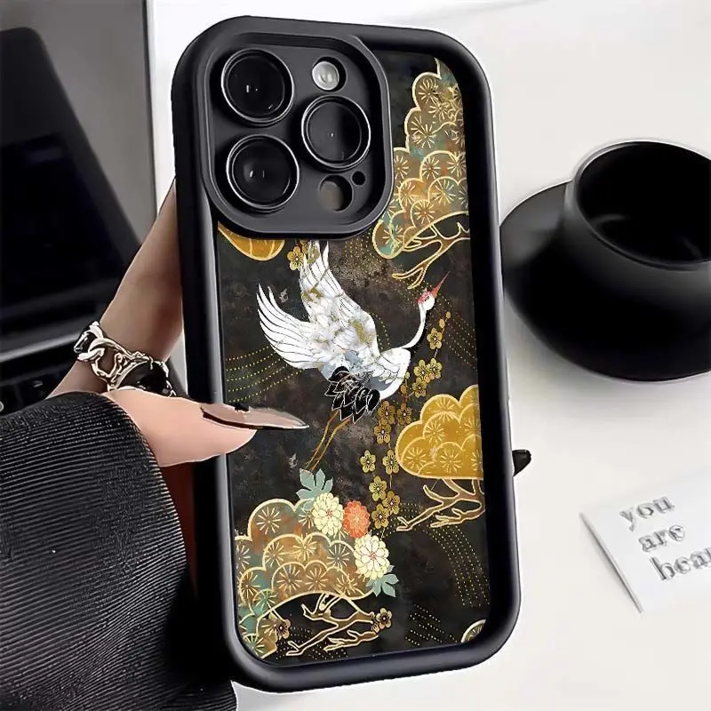Чехол для iPhone в китайском стиле с красной короной и журавлем для iPhone 16, 15, 14, 13, 12, 11 Pro Max XR XS MAX 78 PLUS INS, мягкий противоударный чехол