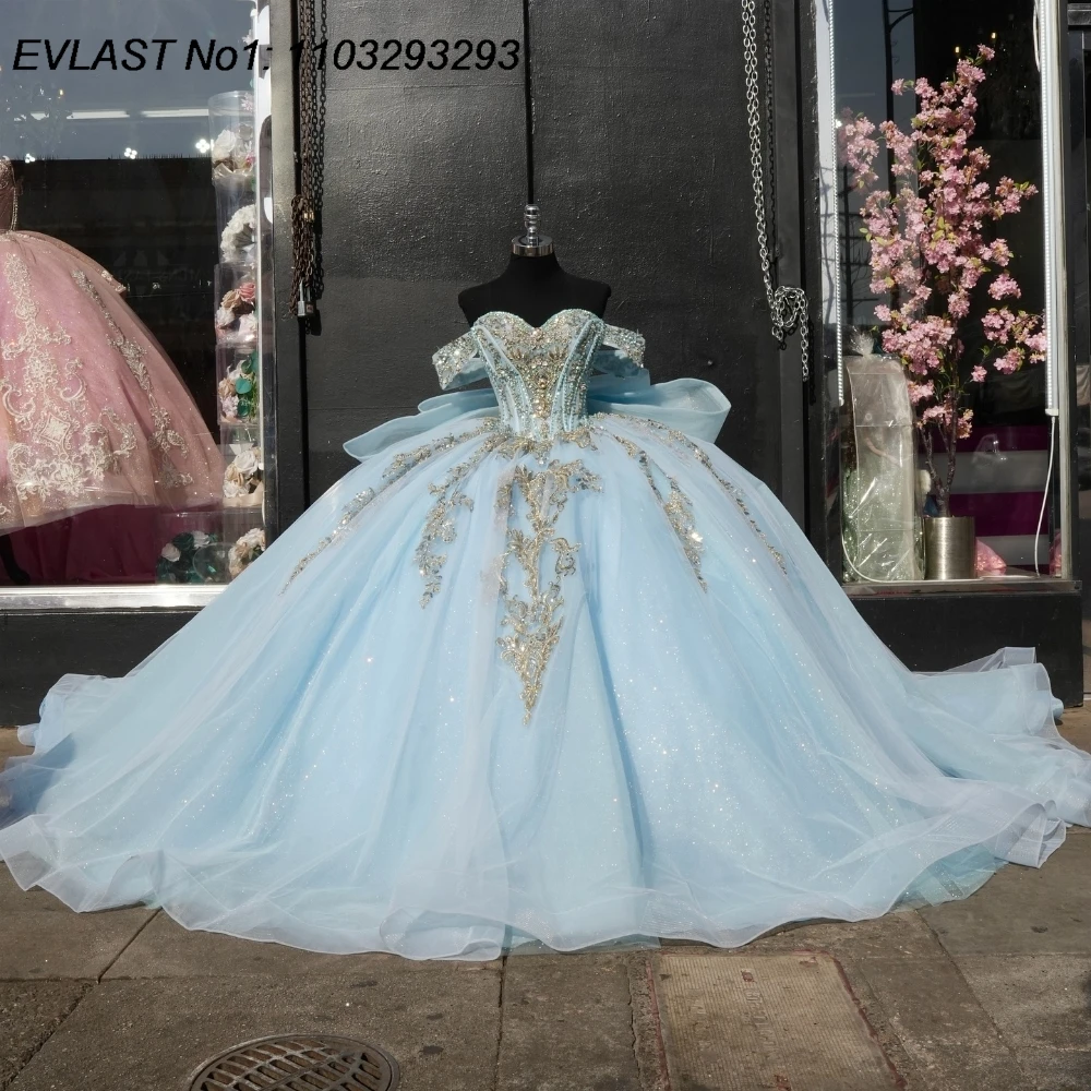 EVLAST блестящее небесно-голубое платье Quinceanera по индивидуальному заказу, бальное платье с серебряной кружевной аппликацией и бантом из бисера, Sweet 16, Vestido De 15 Anos E1Q350