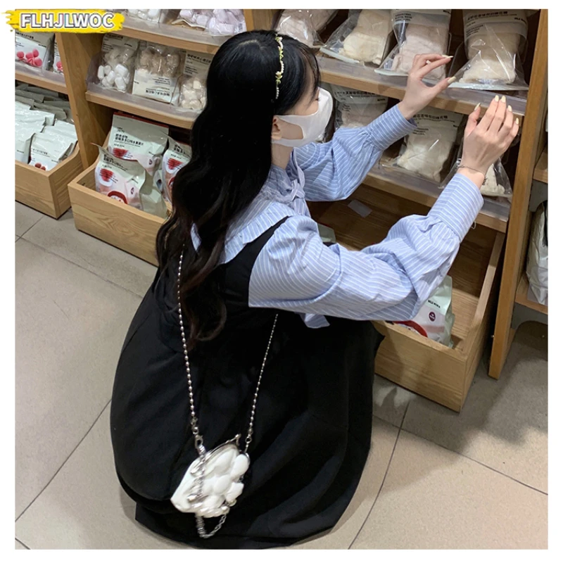 Фото Лоскутное платье-рубашка с галстуком-бабочкой Mori Girls New Year Women Japan Style Y2K Cute Sweet Fake Two Piece Design Retro Vintage Dress №5