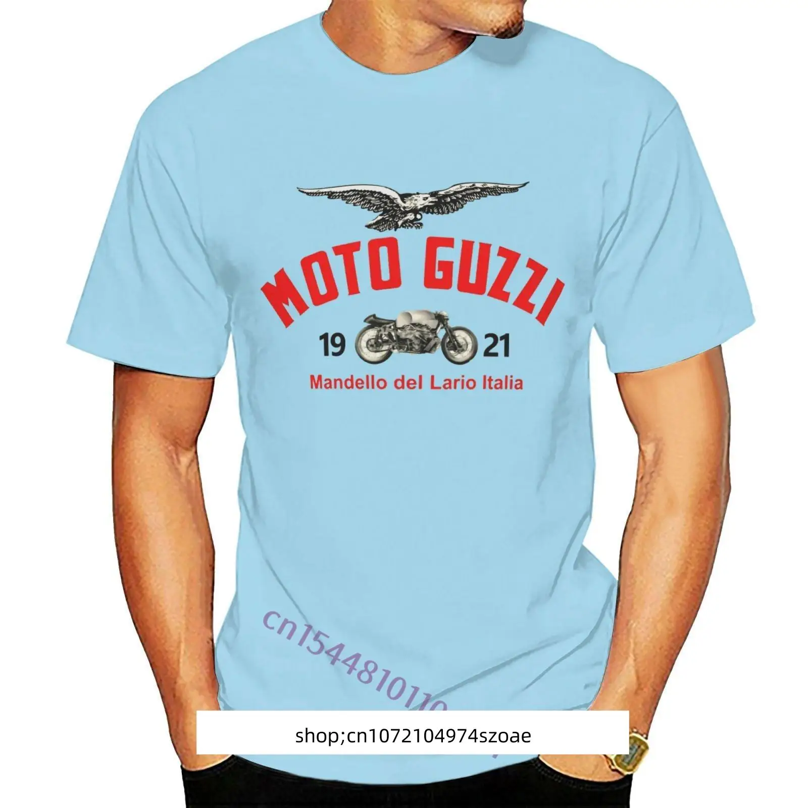 Фото Kaus Gambar Logo Moto Guzzi 1921 Kaus Katun Kasual Pria Kaus Oblong Leher Kru Atasan Lengan Pendek Pesta №1
