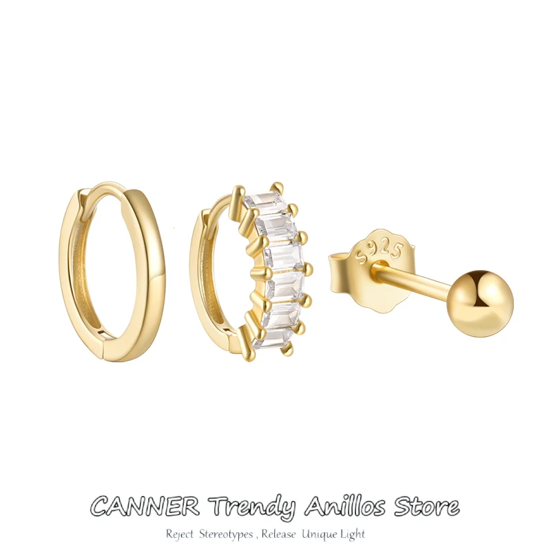 CANNER 925 пробы Серебряные серьги 3 шт. набор для женщин с белым Цирконом серьги Huggies изысканный пирсинг серьги-гвоздики ювелирные изделия