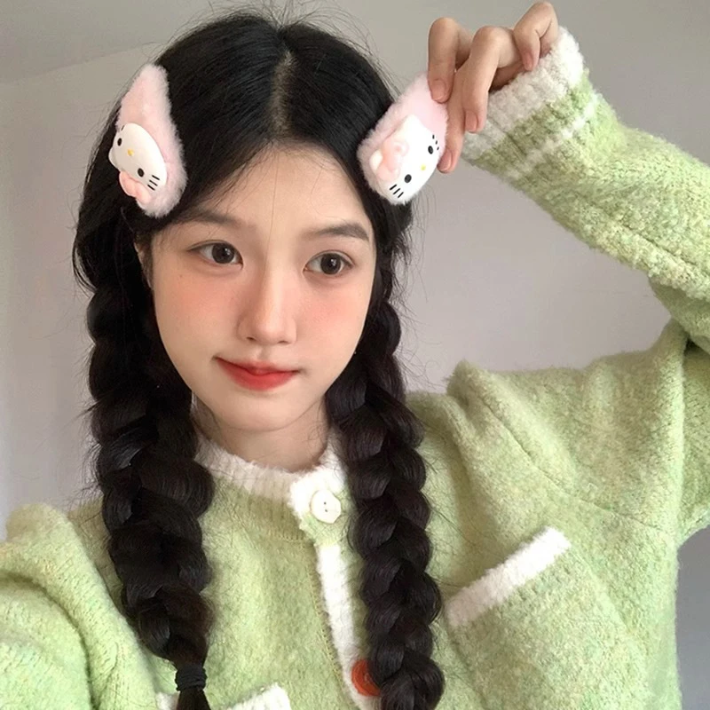 Sanrio Hello Kitty плюшевая заколка для волос с бантиком, милый милый пушистый шарик, розовая заколка BB, модная универсальная заколка для челки для девочек, аксессуары для волос