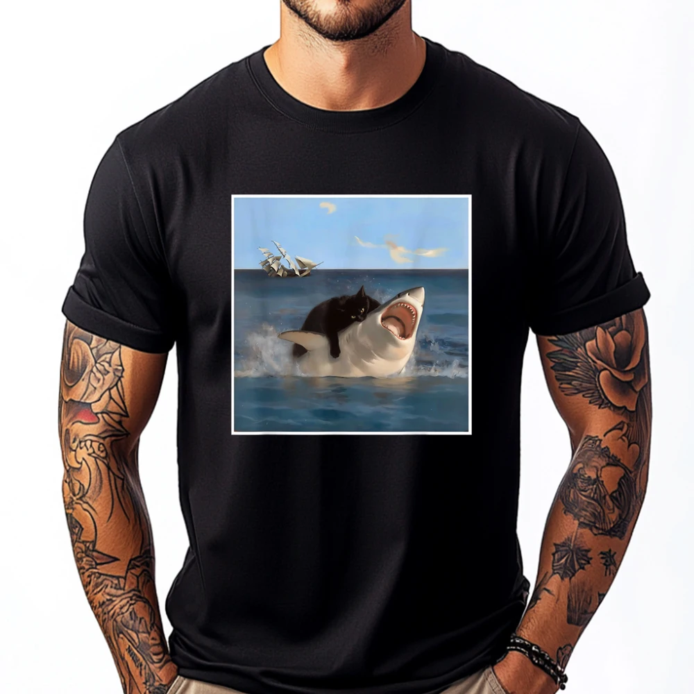 Забавная футболка Art Cat Lover Quote Cat Biting Shark Cool Fat Cat Cream, молодежная натуральная роскошная брендовая футболка больших размеров