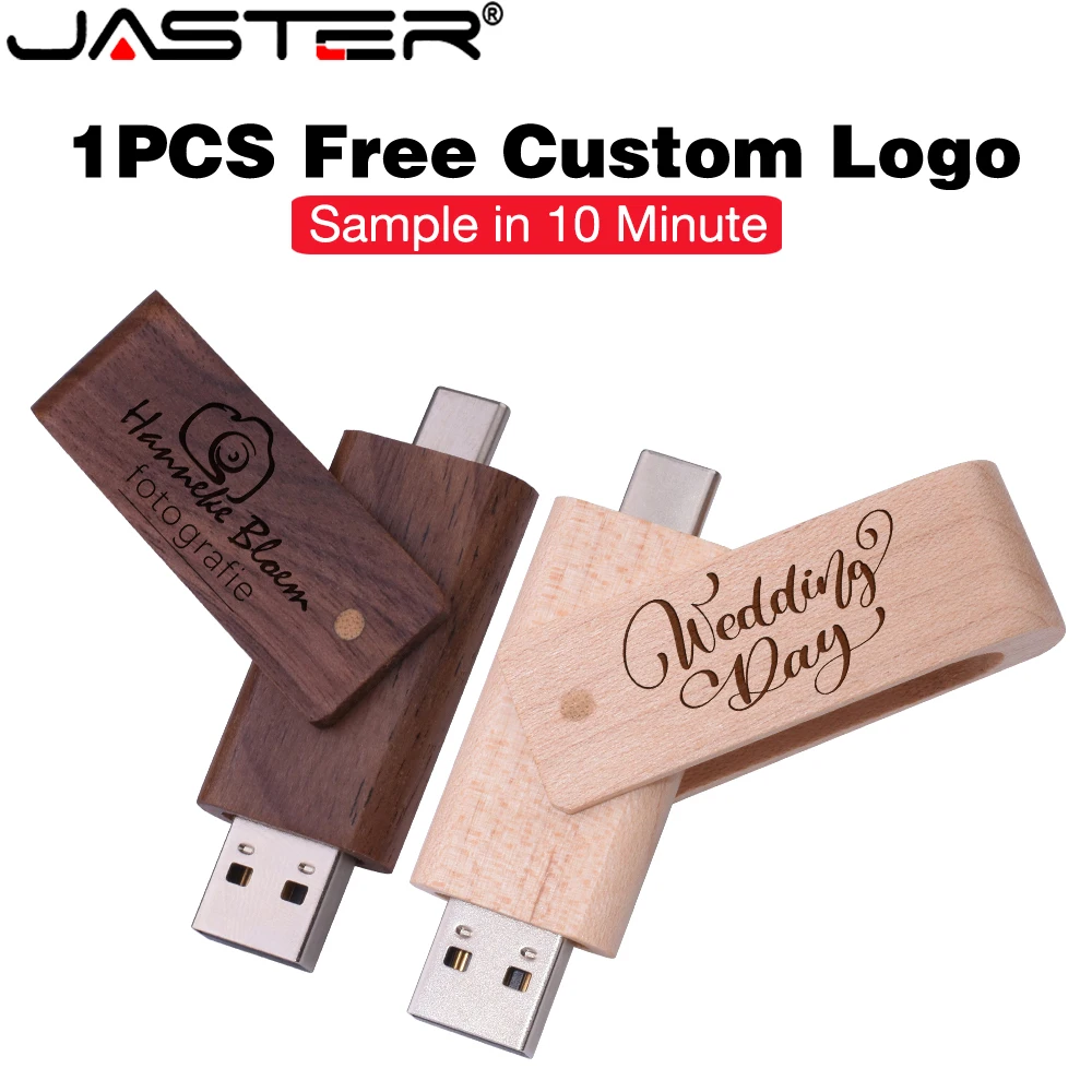 JASTER Бесплатный индивидуальный логотип TYPE-C USB 3.0 флэш-накопитель 128 ГБ деревянная вращающаяся карта USB-C 64 ГБ бизнес-подарок Pen Drive 32 ГБ Хранение данных