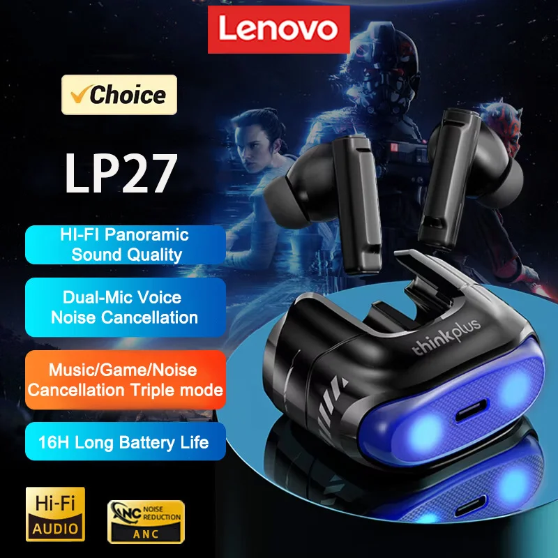 Выбор Lenovo, новые беспроводные Bluetooth V5.4 наушники LP27, игровые наушники с низкой задержкой, длительный срок службы батареи, HD-гарнитура для вызова