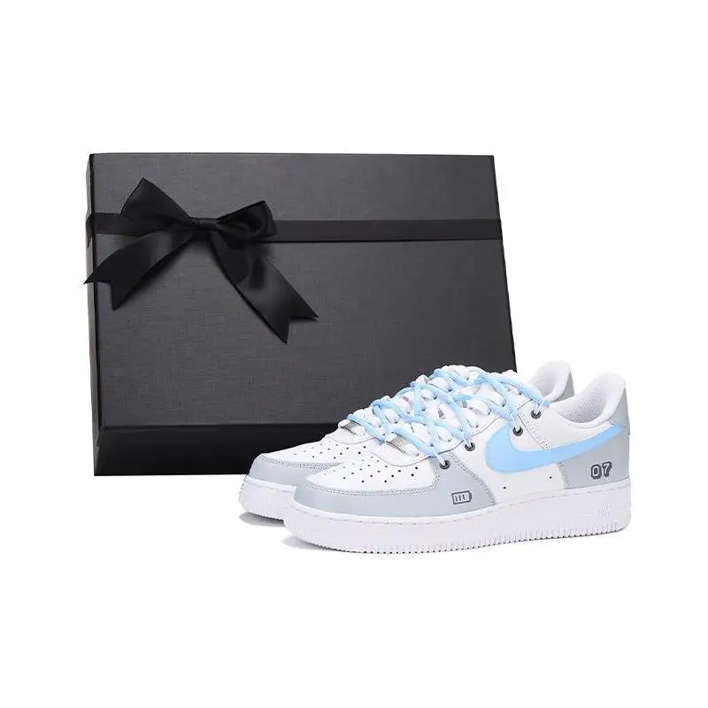 [Нестандартная мужская видеоигра S-BOX] Nike Air Force 1 07 Air Force 1 Обувь для скейтборда, мужская серая синяя коробка