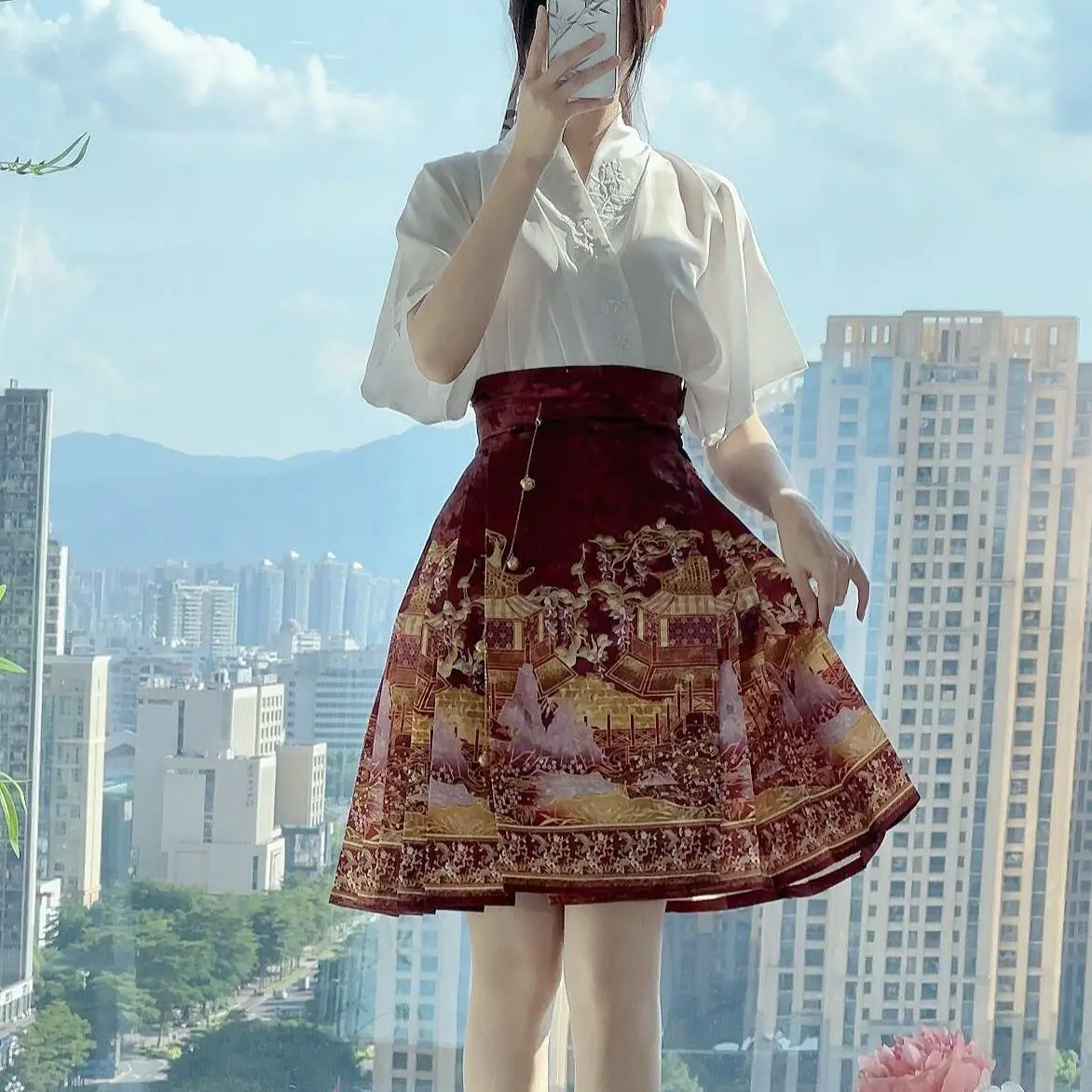 Новая модная Модифицированная юбка Hanfu с высокой талией, модная простая Летняя женская юбка с принтом в стиле ретро