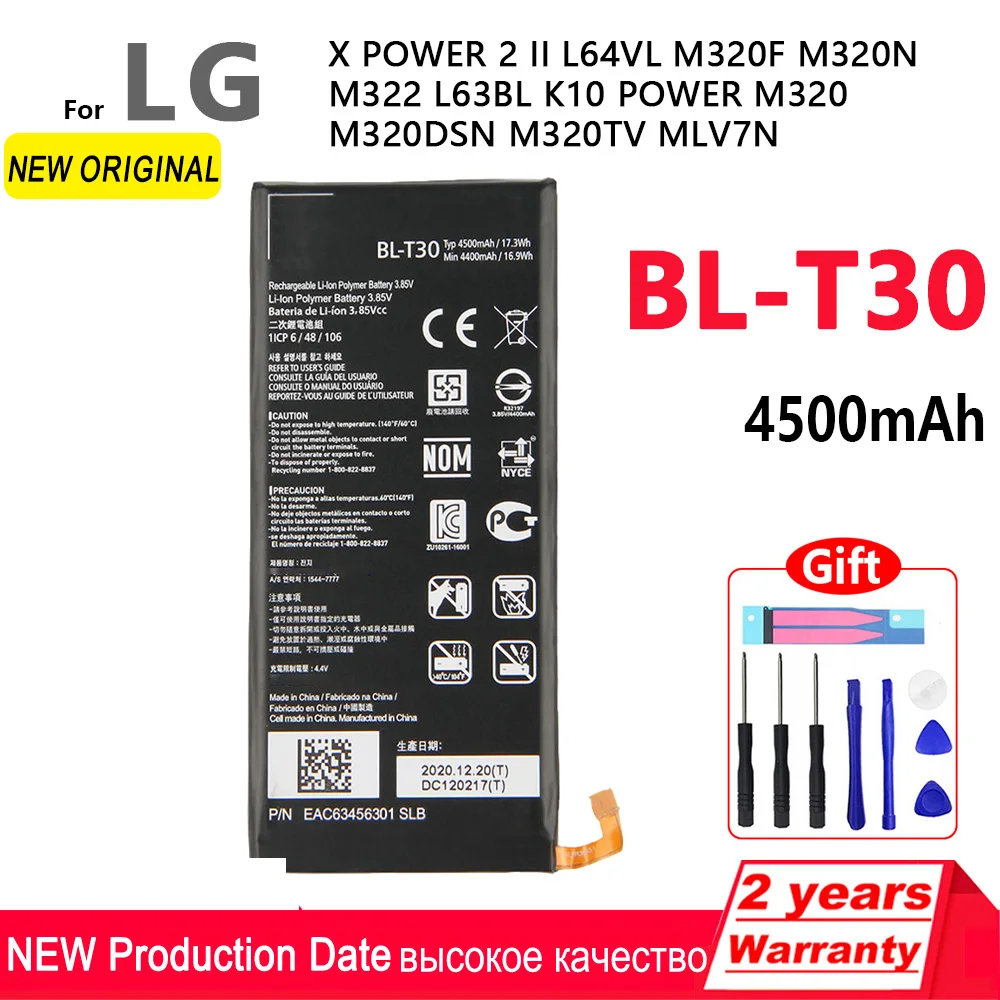 100% оригинальный аккумулятор BL-T30 емкостью 4500 мАч для LG X Power 2 II L64VL M320F M320N M322 L63BL K10 Power M320 M320DSN M320TV MLV7N
