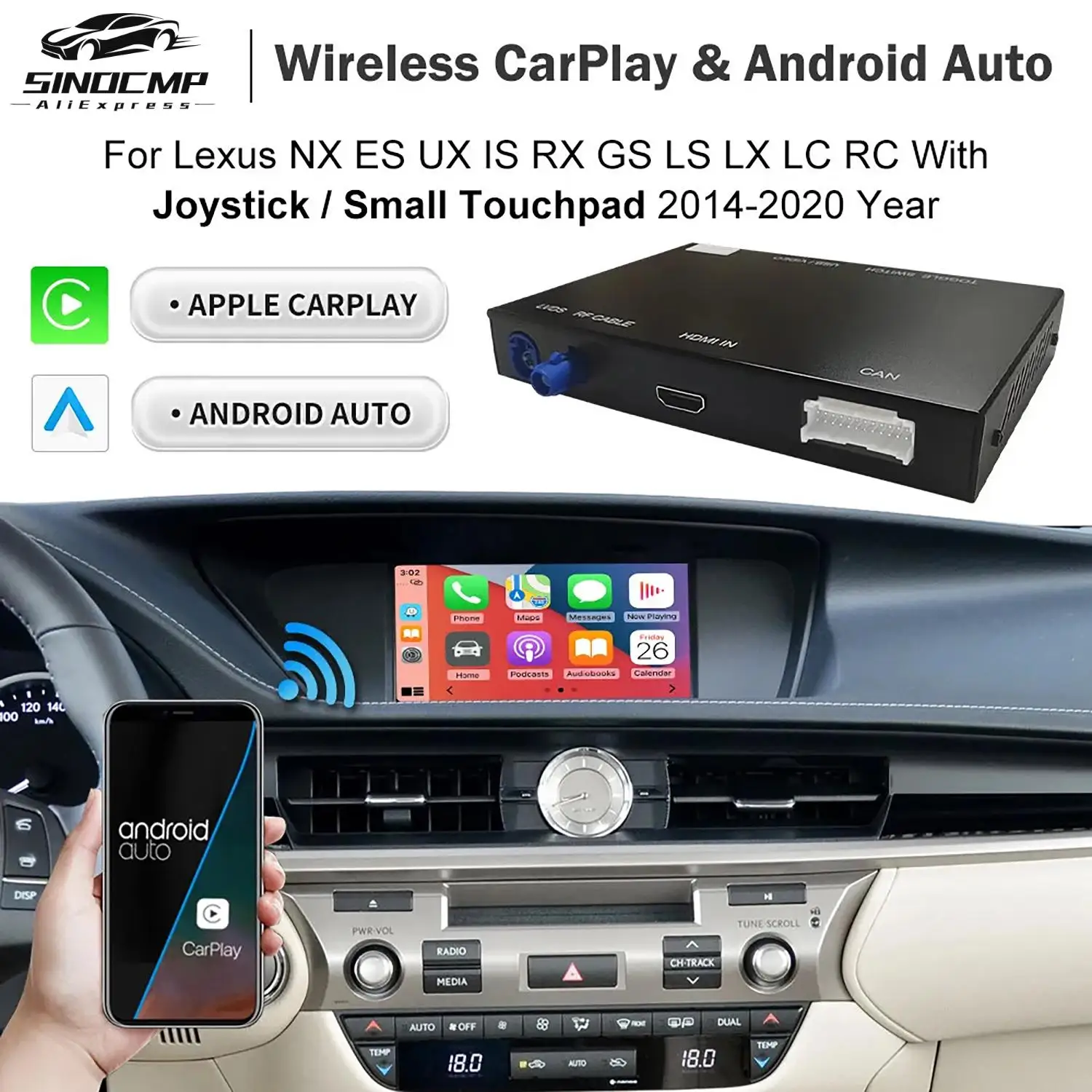 Фото Автомобильный беспроводной CarPlay Airplay с джойстиком/маленькой сенсорной панелью для Lexus NX ES UX iS CT RX GS LS LX LC RC 2014-2020 №2