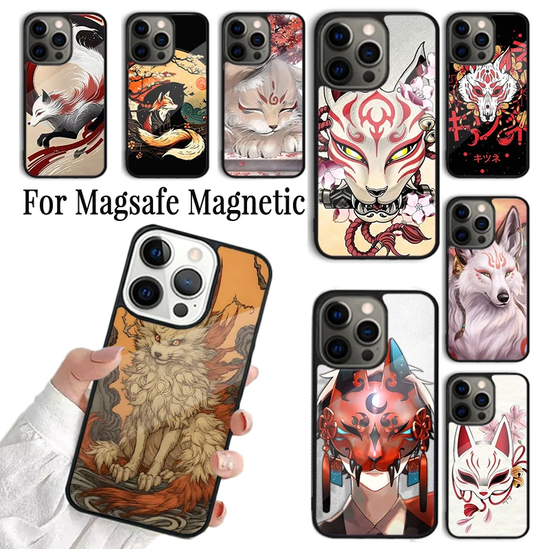 Чехол для iPhone 16 15 14 13 12 11 Pro Max Plus Magsafe, магнитный чехол с беспроводной зарядкой, Kitsune Fox, японское искусство