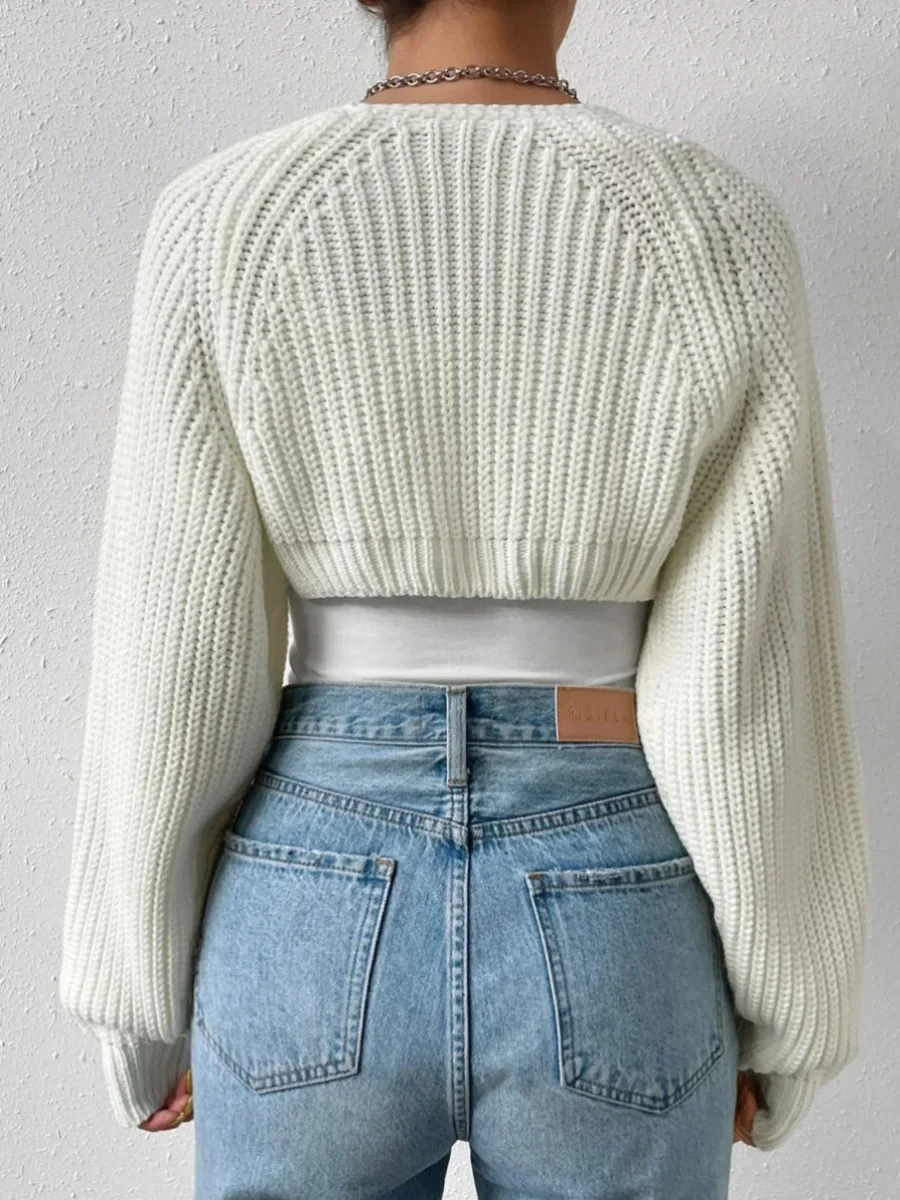 Фото Women Shrugs Cropped Top Full Lantern Sleeve Knitwear Cardigan Long Sleeve Solid Color Ribbed Knit Shrug Sweatet Tops Streetwear №4