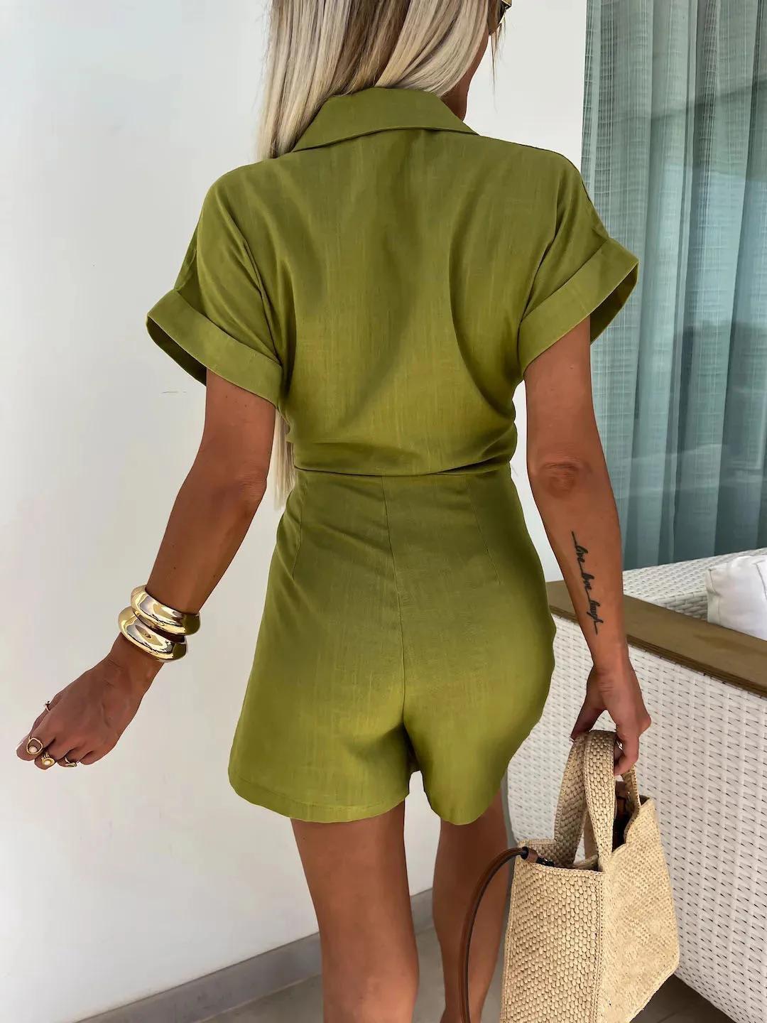 Фото Summer New Cotton Linen Jumpsuit Fashion Casual Solid Short Sleeved Women's Clothing Sexy Deep V Neck Irregular Lace Up Jumpsuit №2