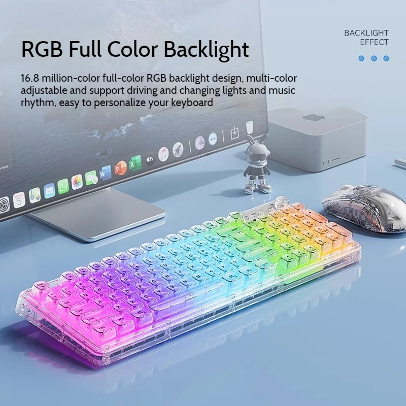 Фото Прозрачная полноцветная RGB-подсветка, беспроводная клавиатура Bluetooth, 3-режимное соединение, длительный срок службы батареи, бесшумная механическая клавиатура №2