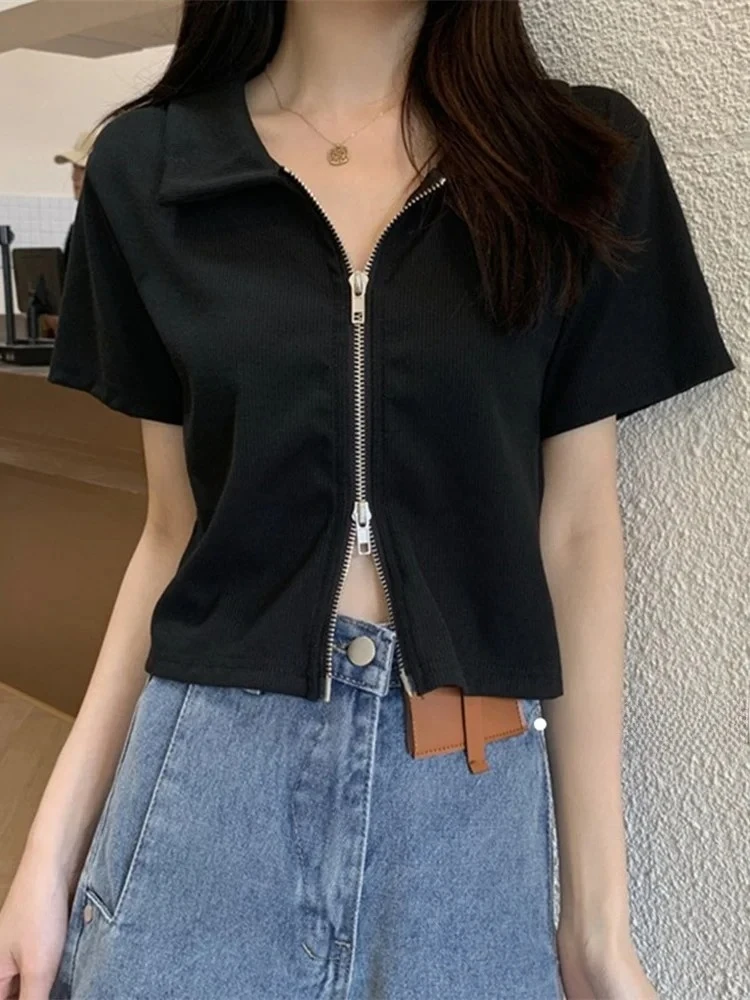Модная летняя новая женская футболка ort Sve Zipper Design Sweet Cool f Sve ort Sle Small Comfort Top Корейская версия Slim Fit