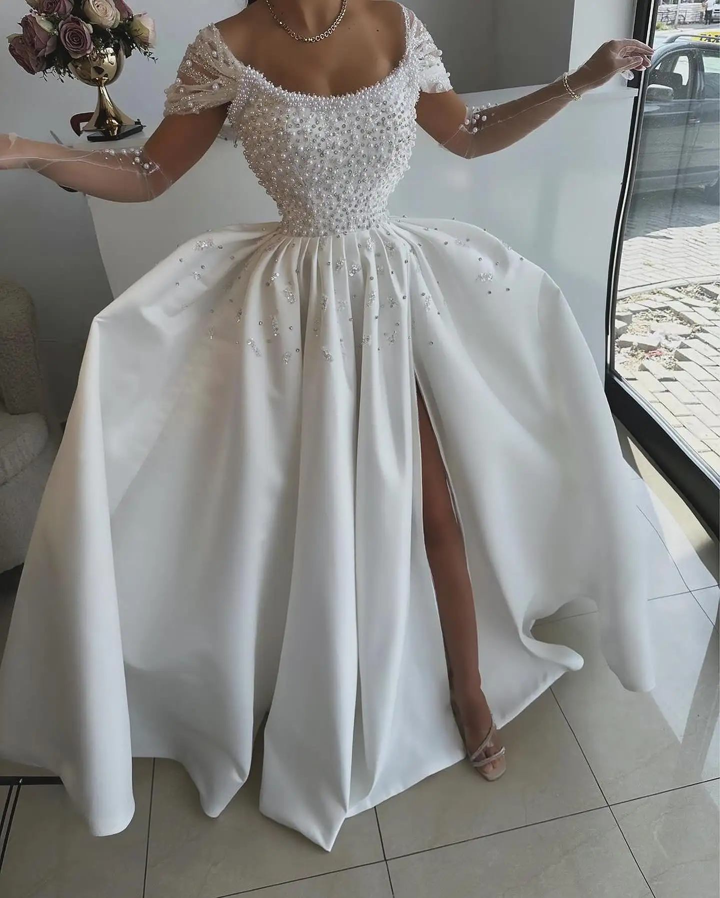 Фото Elegant Off The Shoulder Scoop Neckline Beaded Satin A Line Wedding Dresses Side Slit Custom Made Vestido De Noival №3