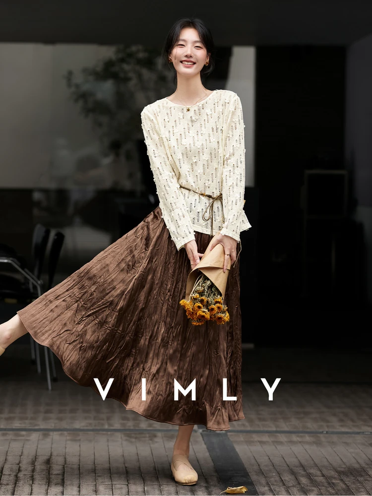 VIMLY комплекты из 2 предметов, женские наряды, полые вязаные топы с французским крючком и цветком, макси-юбки в складку, осень 2025 г., комплект женской юбки A3009