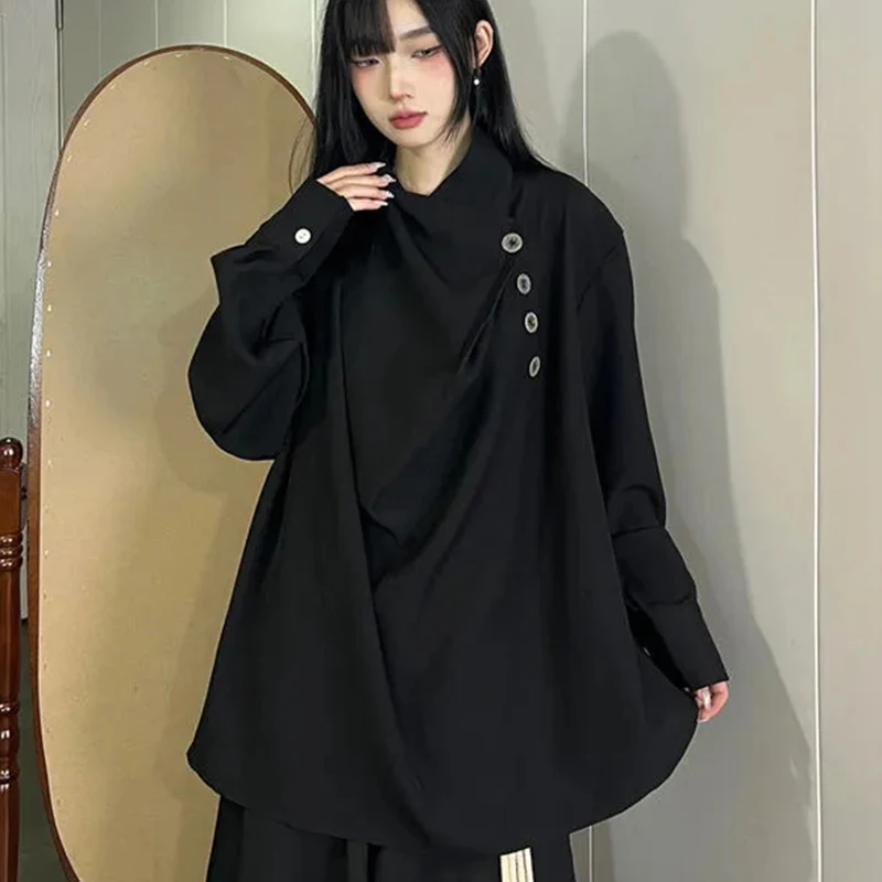 Фото Harajuku Y2K однотонная блузка женская с длинным рукавом свободная рубашка Yohji Yamamoto асимметричный Хэллоуин ленивый хип-хоп черный топ №3