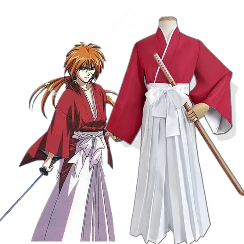 Сиси 2233Аниме Косплей Костюм HIMURA KENSHIN Кимоно Хэллоуин Вечеринка Необычный самурай Кендо Комплект одежды Топ Брюки Пояс + парики + сб
