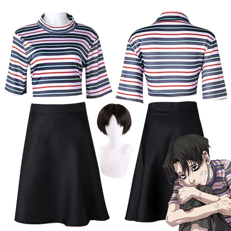 Фото Манга Killing Stalking Yoon Bum Косплей Костюм Yoonbum Черный Коричневый Короткий Парик Футболка + Юбка Комплект Хэллоуин Карнавальный Костюм Унисекс №2