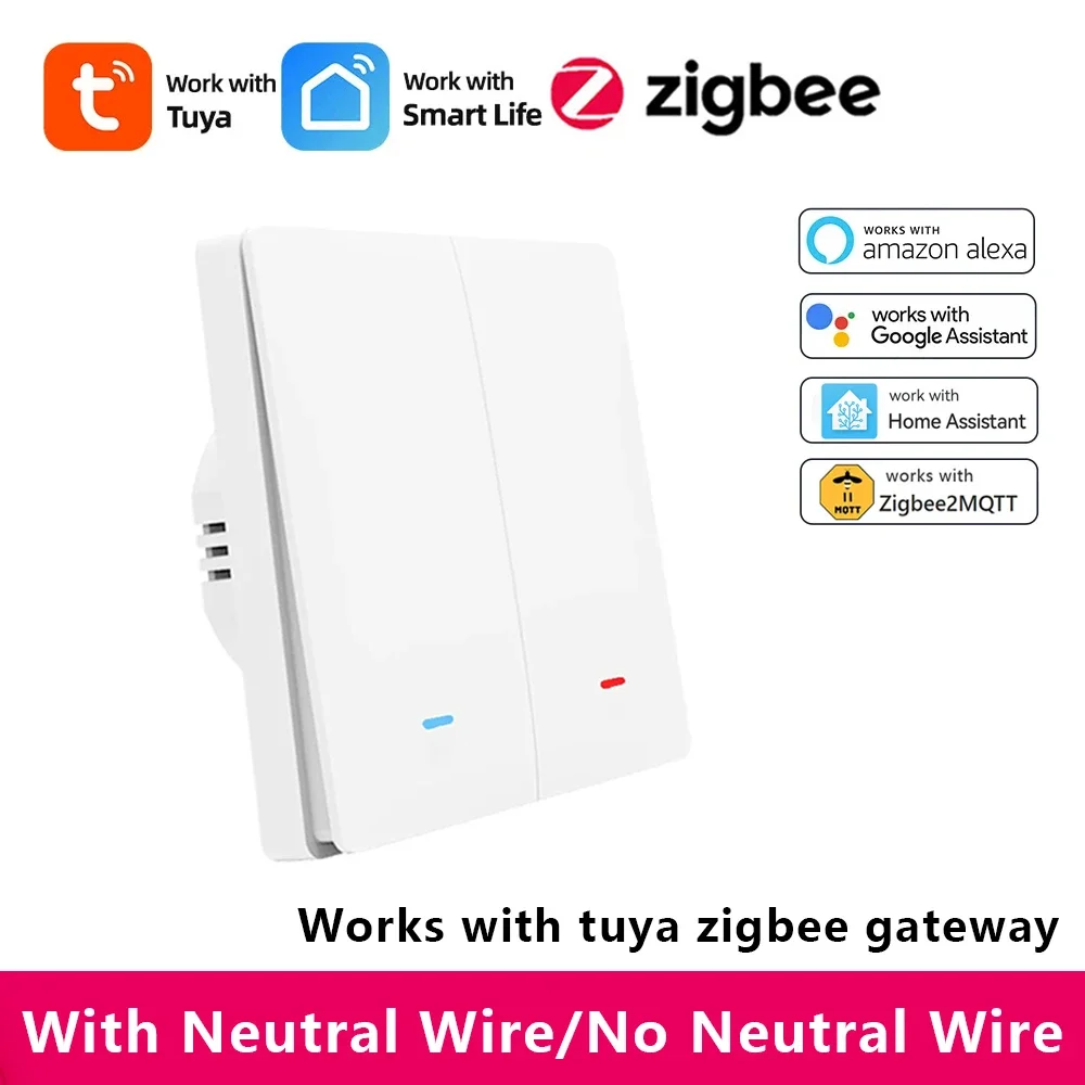 Умный выключатель света Tuya Zigbee, кнопка с/без нейтрального провода с конденсатором, настенный выключатель, шлюз Zigbee через Alexa Google Home