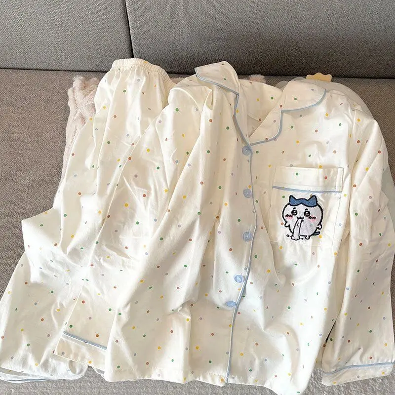 Фото Kawaii Chiikawa пижамный комплект Usagi Hachiware мультфильм Длинные рукава брюки Домашняя одежда Костюм Аниме ночное белье Милая одежда для сна подарок для девочки №4