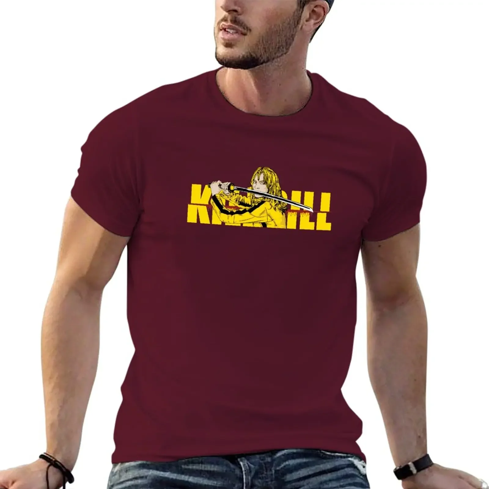 Фото Новая футболка kill bill uma, Короткие тяжелые чистые футболки, топы, Мужская одежда для тренировок, Мужская Дизайнерская одежда с коротким рукавом и круглым вырезом, 2024 №2
