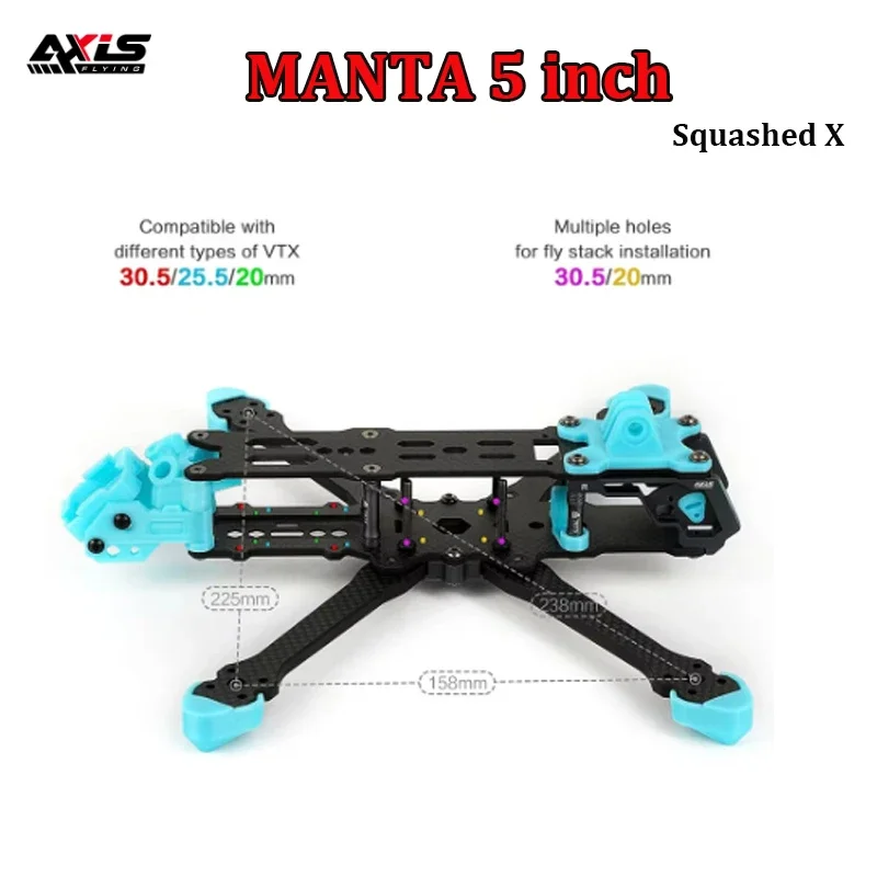 Axisflying MANTA 5-дюймовая рама из углеродного волокна Squashed X, колесная база 238 мм, толщина рычага 5 мм для RC FPV 5-дюймового дрона для фристайла