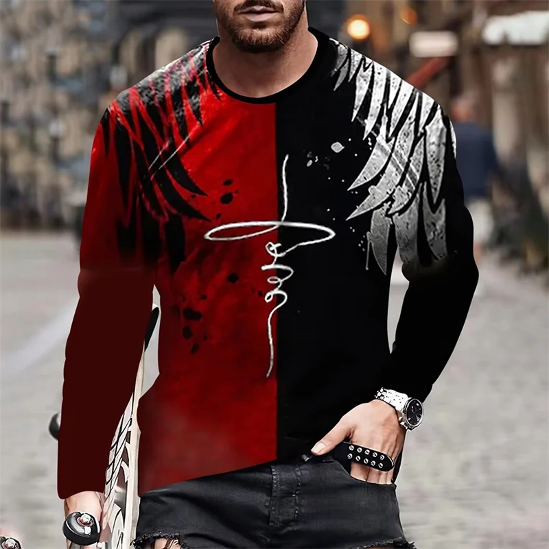 Cross Wings Pattern T-Shirt For Men Jesus Christ 3D Printed T Shirts Autumn Casual Long Sleeves Oversized Round Neck Tops Tees