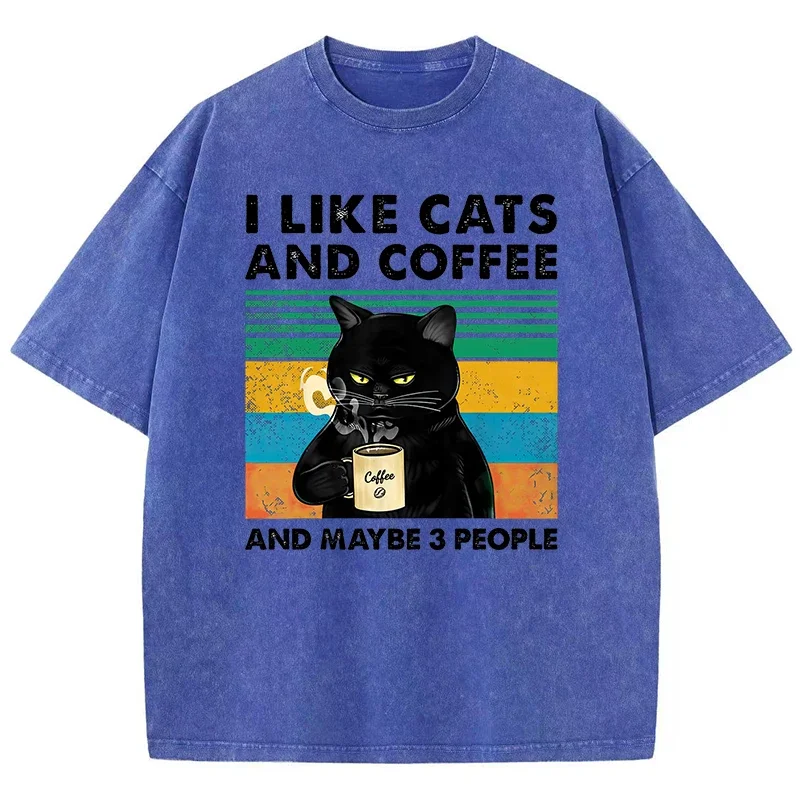 Фото Черные футболки I Likecat'S и кофе и может быть, 3 человека, Мужская шикарная футболка с вырезом на плече, крутая дизайнерская футболка, топы большого размера для пожилых людей №2