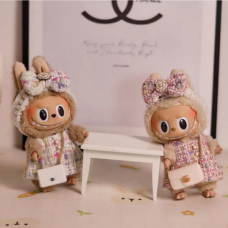 Горячая оригинальная кукла Labubu 17 см, одежда Heartbeat Macaron, детская подвеска, эмалированная одежда для лица, сменный декор с героями мультфильмов, подарки