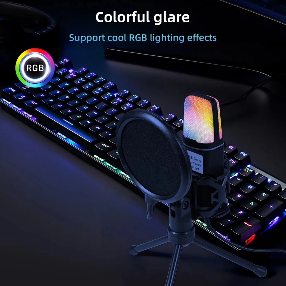 Фото USB проводной микрофон с шумоподавлением RGB конденсаторный микрофон для игрового интервью, видеоблогов, видеозапись, подкаст, ноутбук, настольный ПК №2