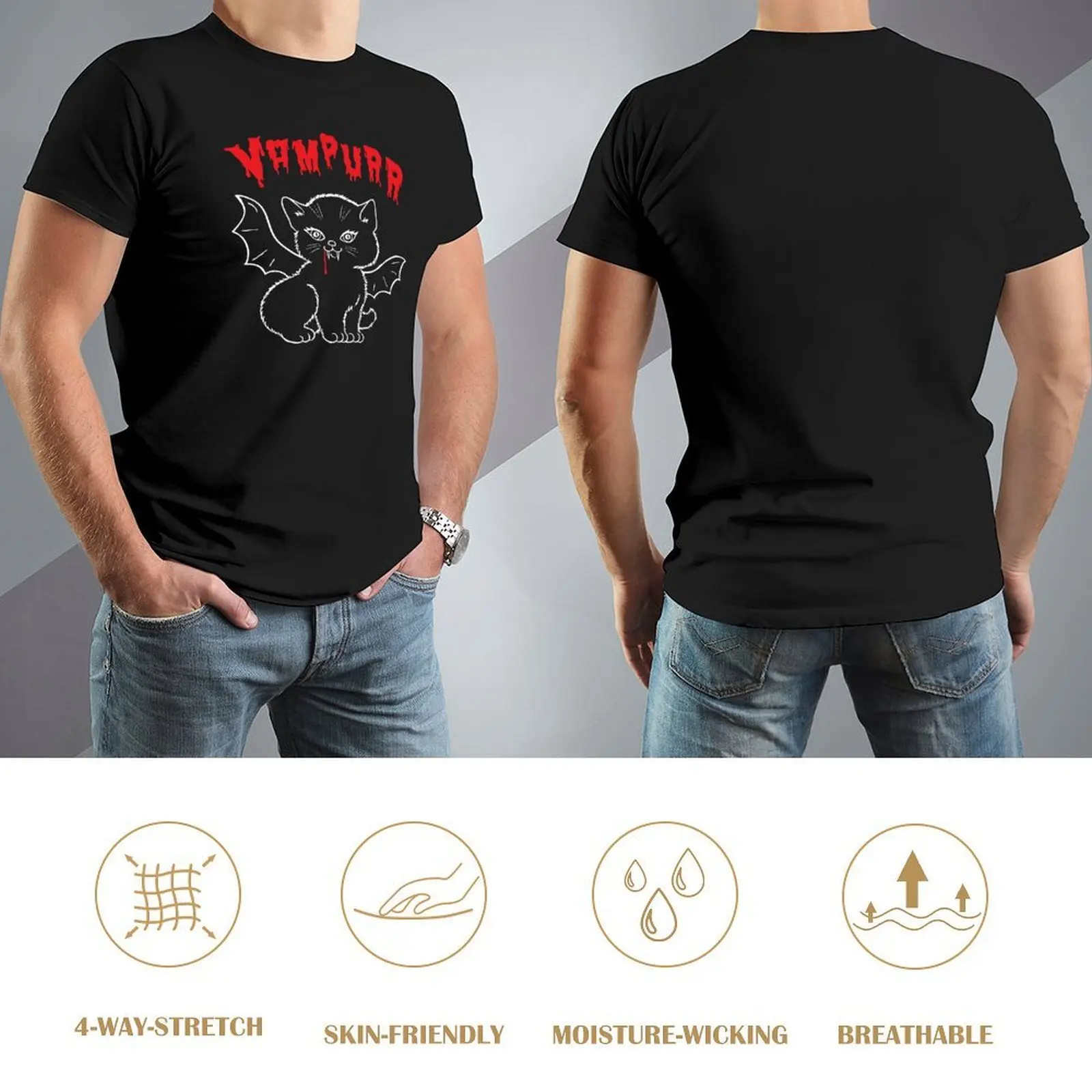 Фото Милая футболка Vampurr Kitty Cat Vampire Bat Wings с клыками, одежда в стиле хиппи, дизайнерские рубашки, дизайнерская футболка для мужчин №4