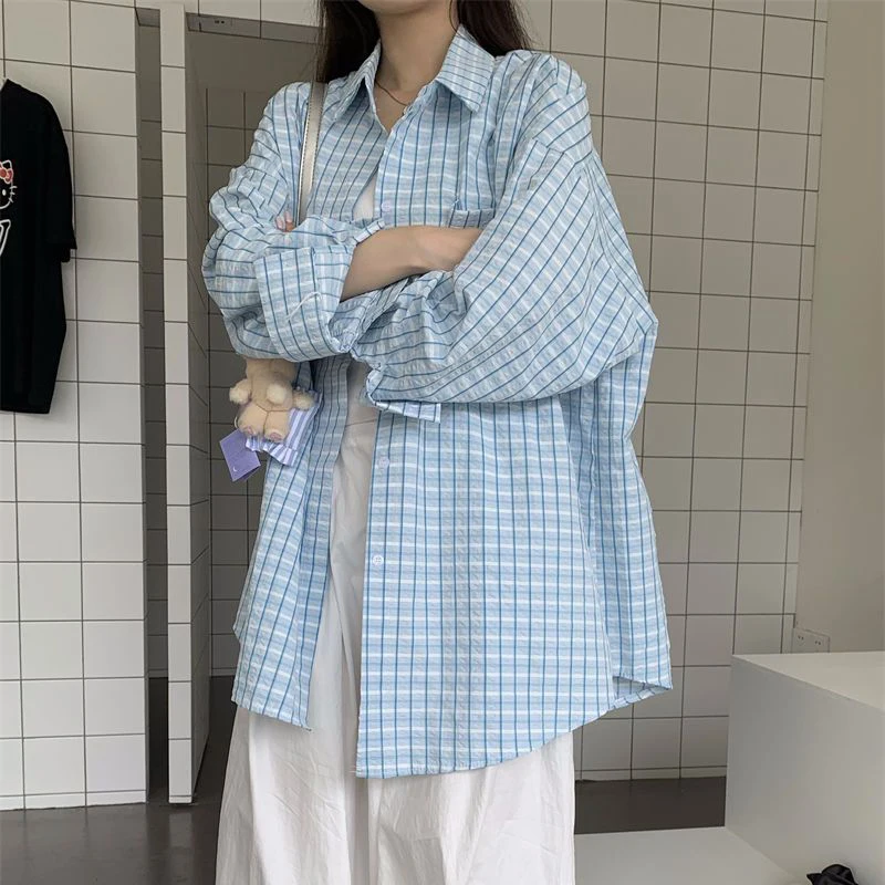 Harajuku свободная клетчатая рубашка женская весна лето негабаритная блузка с отложным воротником женская корейская шикарная рубашка с длинным рукавом женские