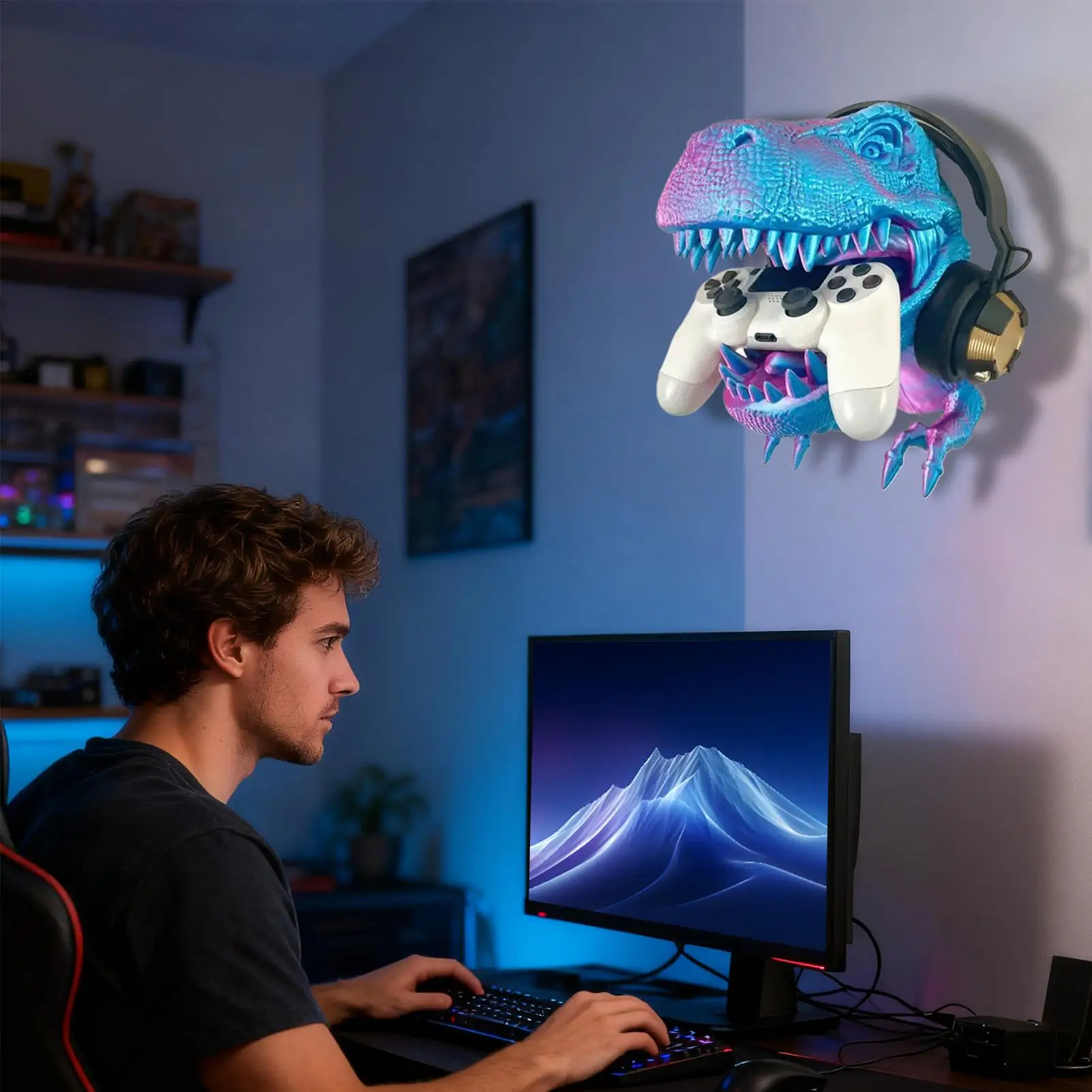 Фото 3D печатная подставка Тираннозавр Рекс для наушников и игрового контроллера, настенное крепление, 3D игровой настенный декор с динозавром для домашней комнаты №3